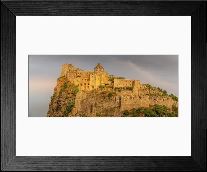 Framed Print : View of Aragonese Castle at sunset, Port of Ischia, Island of Ischia, Campania, Italy, Europe