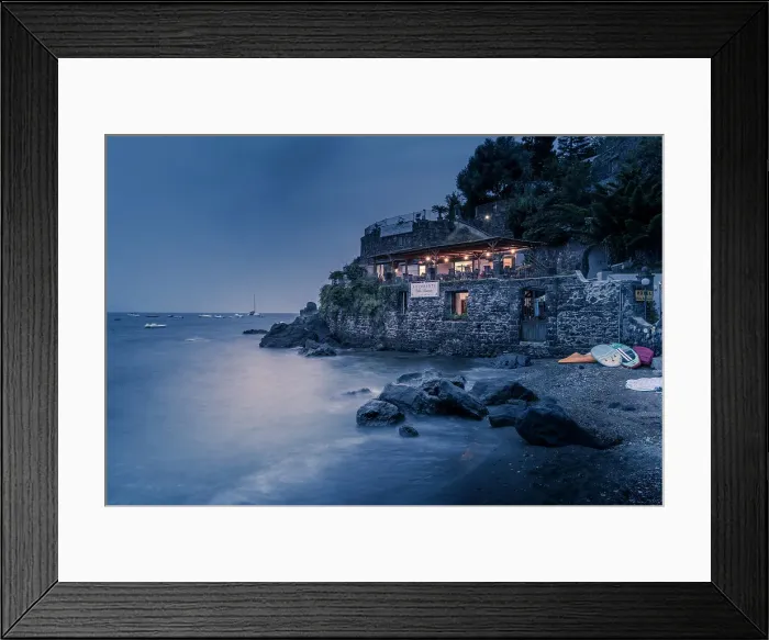 Framed Print : View of coastline restaurant near Aragonese Castle at dusk, Port of Ischia, Island of Ischia, Campania, Italy, Europe Framed Print : View of coastline restaurant near Aragonese Castle at dusk, Port of Ischia, Island of Ischia, Campania, Italy, Europe