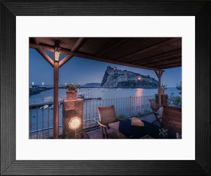Framed Print : View of Aragonese Castle at dusk, Port of Ischia, Island of Ischia, Campania, Italy, Europe Framed Print : View of Aragonese Castle at dusk, Port of Ischia, Island of Ischia, Campania, Italy, Europe