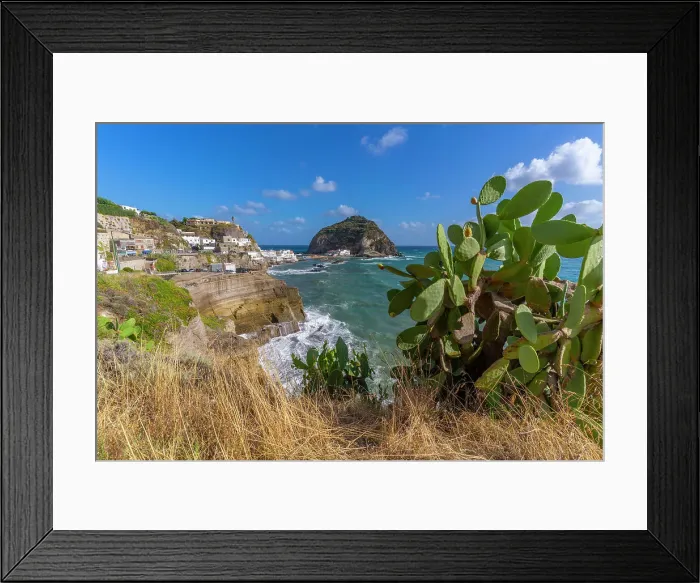 Framed Print : View of prickly pear cactus, cliffs and Torre di Sant'Angelo, Sant'Angelo, Island of Ischia, Campania, Italy, Europe