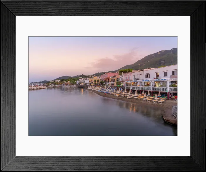 Framed Print : View of beach and the town of Lacco Ameno at sunset, Island of Ischia, Campania, Italy, Europe Framed Print : View of beach and the town of Lacco Ameno at sunset, Island of Ischia, Campania, Italy, Europe