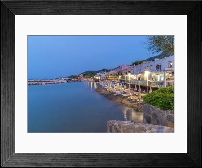 Framed Print : View of beach and the town of Lacco Ameno at dusk, Island of Ischia, Campania, Italy, Europe Framed Print : View of beach and the town of Lacco Ameno at dusk, Island of Ischia, Campania, Italy, Europe