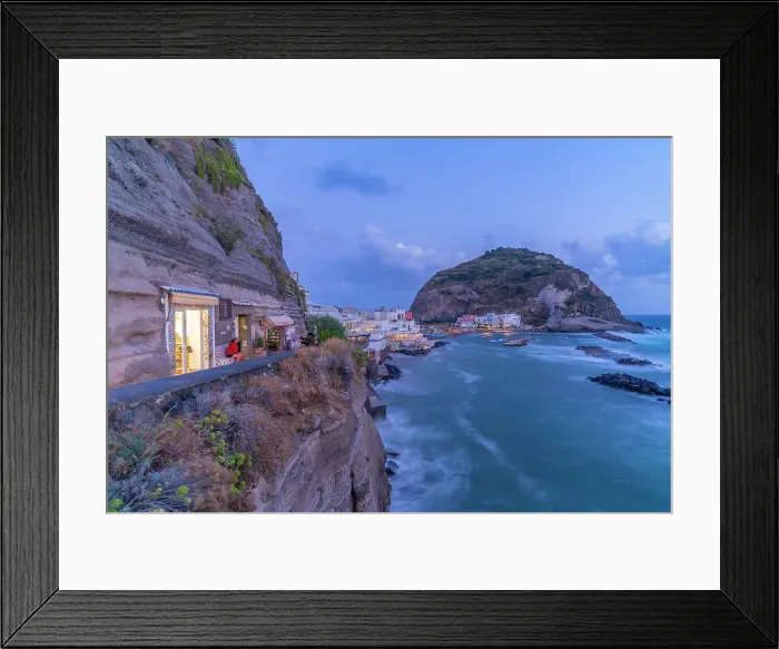 Framed Print : View of shop and town in Sant'Angelo at dusk, Sant'Angelo, Island of Ischia, Campania, Italy, Europe