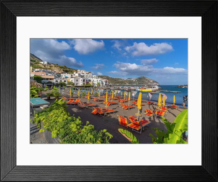 Framed Print : View of brightly coloured loungers on the beach and Sant'Angelo from Porto di Sant'Angelo, Sant'Angelo, Island of Ischia, Campania, Italy, Europe Framed Print : View of brightly coloured loungers on the beach and Sant'Angelo from Porto di Sant'Angelo, Sant'Angelo, Island of Ischia, Campania, Italy, Europe