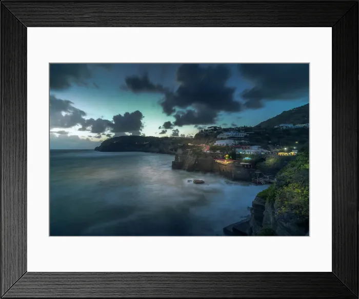 Framed Print : View of coastline at dusk from Sant'Angelo, Sant'Angelo, Island of Ischia, Campania, Italy, Europe Framed Print : View of coastline at dusk from Sant'Angelo, Sant'Angelo, Island of Ischia, Campania, Italy, Europe