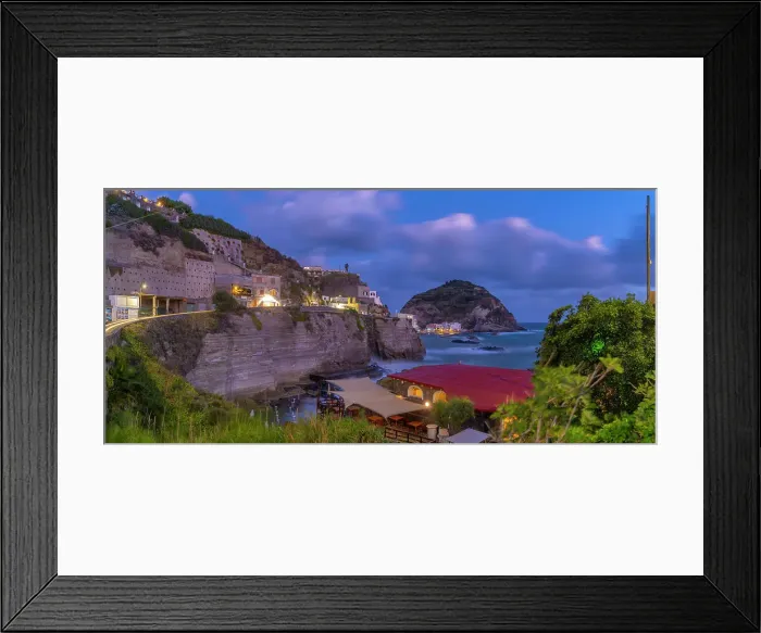 Framed Print : View of Torre di Sant'Angelo from elevated position in Sant'Angelo at dusk, Sant'Angelo, Island of Ischia, Campania, Italy, Europe