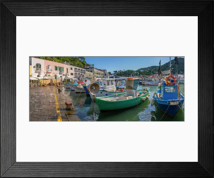 Framed Print : View of boats and restaurants in Porto d'Ischia (Port of Ischia), Island of Ischia, Campania, Italy, Europe