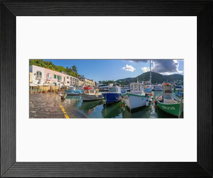 Framed Print : View of boats and restaurants in Porto d'Ischia (Port of Ischia), Island of Ischia, Campania, Italy, Europe Framed Print : View of boats and restaurants in Porto d'Ischia (Port of Ischia), Island of Ischia, Campania, Italy, Europe