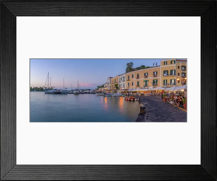 Framed Print : View of restaurants in Porto d'Ischia (Port of Ischia) at dusk, Island of Ischia, Campania, Italy, Europe Framed Print : View of restaurants in Porto d'Ischia (Port of Ischia) at dusk, Island of Ischia, Campania, Italy, Europe