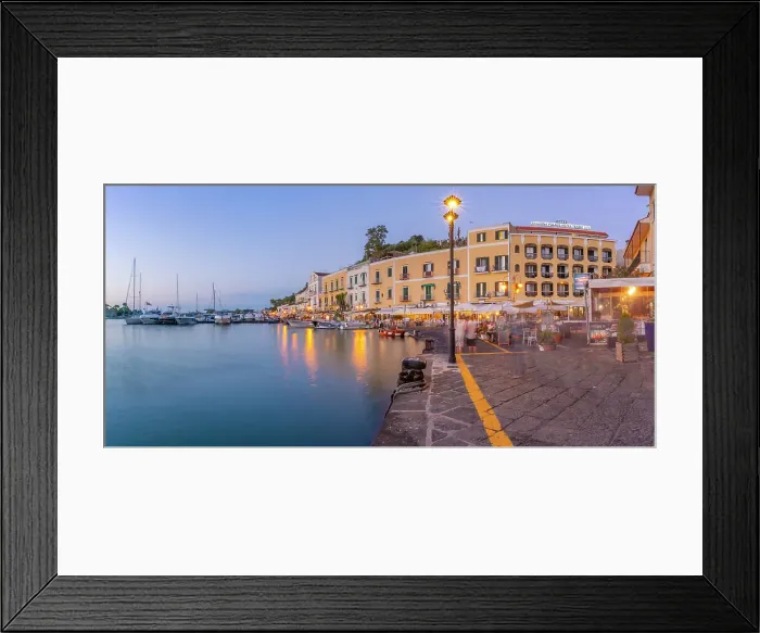 Framed Print : View of restaurants in Porto d'Ischia (Port of Ischia) at dusk, Island of Ischia, Campania, Italy, Europe Framed Print : View of restaurants in Porto d'Ischia (Port of Ischia) at dusk, Island of Ischia, Campania, Italy, Europe