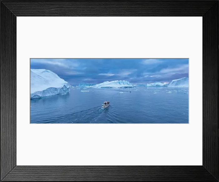 Framed Print : Aerial of a boat between the icebergs of the Ilulissat Icefjord, UNESCO World Heritage Site, Western Greenland, Denmark, Polar Regions Framed Print : Aerial of a boat between the icebergs of the Ilulissat Icefjord, UNESCO World Heritage Site, Western Greenland, Denmark, Polar Regions
