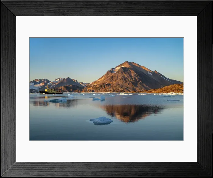 Framed Print : Fishing trawler in the mountainous fjord, Kulusuk, Greenland, Denmark, Polar Regions