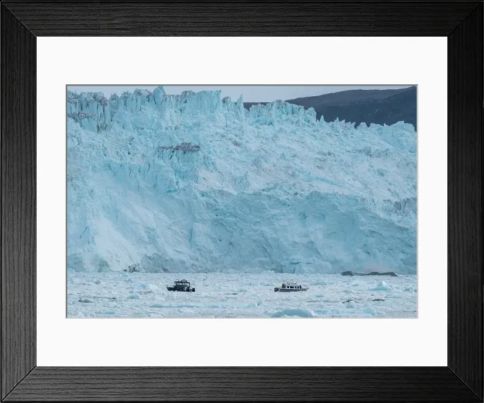 Framed Print : Little ship floating between the ice below the Eqi glacier, Western Greenland, Denmark, Polar Regions Framed Print : Little ship floating between the ice below the Eqi glacier, Western Greenland, Denmark, Polar Regions