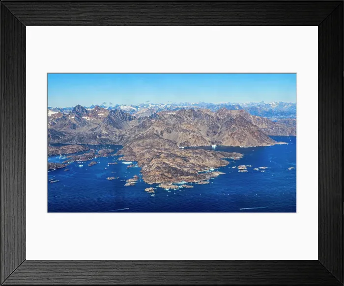 Framed Print : Aerial of the mountainous coastline around Kulusuk, Greenland, Polar Regions