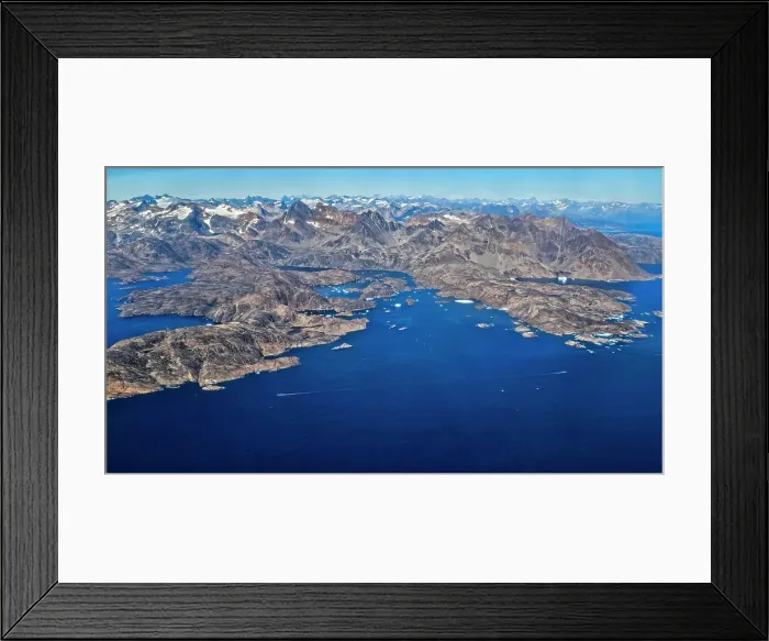 Framed Print : Aerial of the mountainous coastline around Kulusuk, Greenland, Polar Regions Framed Print : Aerial of the mountainous coastline around Kulusuk, Greenland, Polar Regions