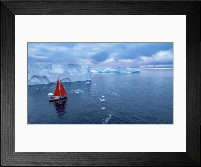 Framed Print : Aerial of a red sailing boat in the Ilulissat Icefjord, UNESCO World Heritage Site, Western Greenland, Denmark, Polar Regions Framed Print : Aerial of a red sailing boat in the Ilulissat Icefjord, UNESCO World Heritage Site, Western Greenland, Denmark, Polar Regions