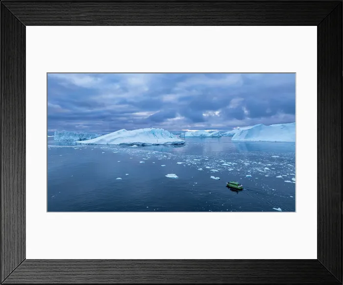 Framed Print : Aerial of a boat in the Ilulissat Icefjord, UNESCO World Heritage Site, Western Greenland, Denmark, Polar Regions Framed Print : Aerial of a boat in the Ilulissat Icefjord, UNESCO World Heritage Site, Western Greenland, Denmark, Polar Regions