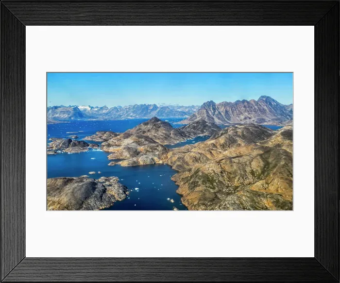 Framed Print : Aerial of the mountainous coastline around Kulusuk, Greenland, Polar Regions Framed Print : Aerial of the mountainous coastline around Kulusuk, Greenland, Polar Regions