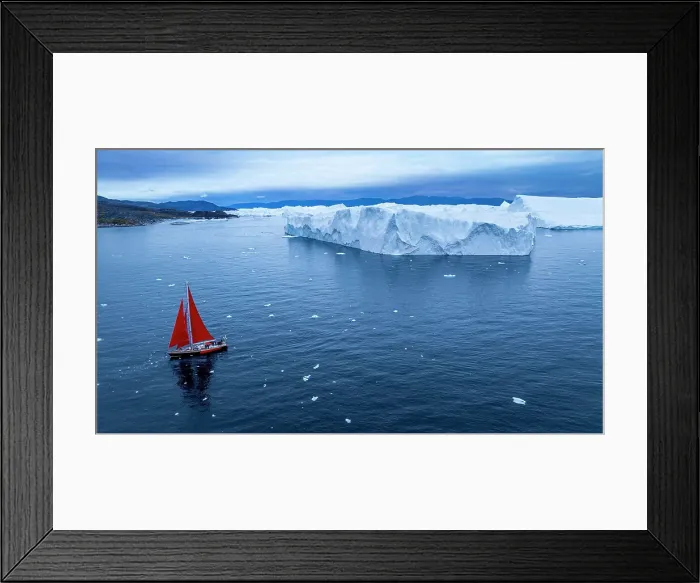 Framed Print : Aerial of a red sailing boat in the Ilulissat Icefjord, UNESCO World Heritage Site, Western Greenland, Denmark, Polar Regions Framed Print : Aerial of a red sailing boat in the Ilulissat Icefjord, UNESCO World Heritage Site, Western Greenland, Denmark, Polar Regions