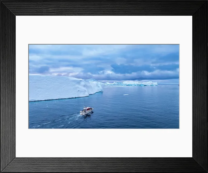 Framed Print : Aerial of a boat between the icebergs of the Ilulissat Icefjord, UNESCO World Heritage Site, Western Greenland, Denmark, Polar Regions Framed Print : Aerial of a boat between the icebergs of the Ilulissat Icefjord, UNESCO World Heritage Site, Western Greenland, Denmark, Polar Regions
