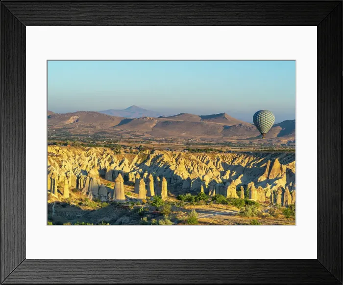 Framed Print : Aerial view of hot air balloon over rock formations in Love Valley at sunrise, Goreme, Goreme Historical National Park, UNESCO Worrld Heritage Site, Cappadocia, Central Anatolia Region, Anatolia, Turkey, Asia Minor, Asia