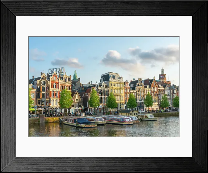 Framed Print : Boats on Amstel River at sunset, Amsterdam, The Netherlands, Europe Framed Print : Boats on Amstel River at sunset, Amsterdam, The Netherlands, Europe