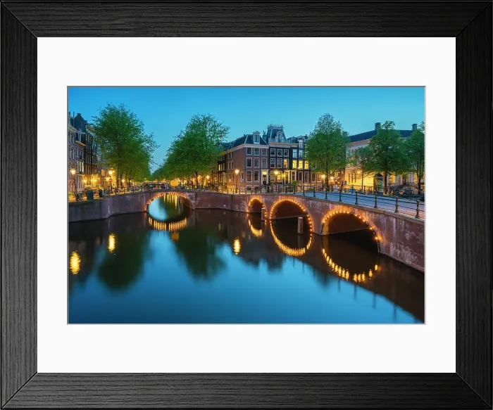 Framed Print : Illuminated bridge over Keizersgracht canal at twilight, Amsterdam, The Netherlands, Europe