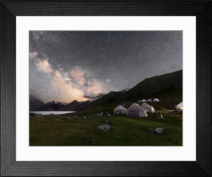 Framed Print : Night sky and Milky Way over yurt camp in Kol-Ukok lake landscape showcasing stars and serenity, Kyrgyzstan, Central Asia, Asia Framed Print : Night sky and Milky Way over yurt camp in Kol-Ukok lake landscape showcasing stars and serenity, Kyrgyzstan, Central Asia, Asia