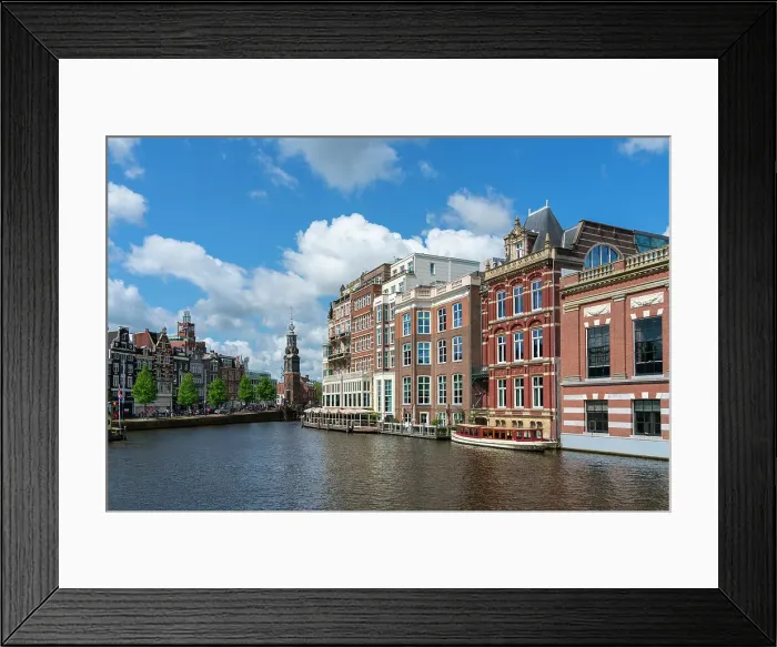 Framed Print : Houses by Amstel River and Munttoren tower in the background, Amsterdam, The Netherlands, Europe Framed Print : Houses by Amstel River and Munttoren tower in the background, Amsterdam, The Netherlands, Europe
