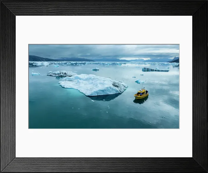 Framed Print : Aerial of a little boat anchoring in the Nuuk Icefjord, Western Greenland, Denmark, Polar Regions Framed Print : Aerial of a little boat anchoring in the Nuuk Icefjord, Western Greenland, Denmark, Polar Regions