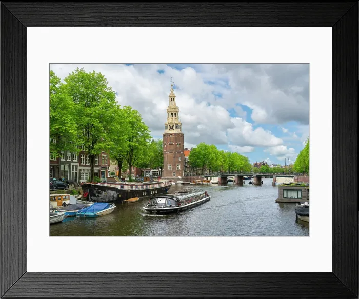 Framed Print : Boat on Rapenburgwal canal and Montelbaanstoren tower in the background, Amsterdam, The Netherlands, Europe Framed Print : Boat on Rapenburgwal canal and Montelbaanstoren tower in the background, Amsterdam, The Netherlands, Europe
