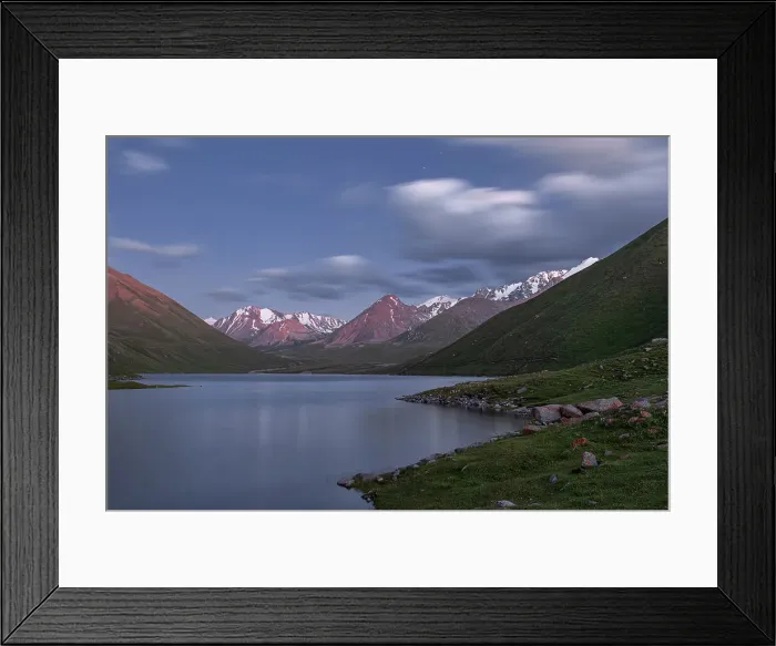 Framed Print : Tranquil evening at a high-altitude Kol-Ukok lake surrounded by majestic mountains in Kyrgyzstan, Central Asia, Asia Framed Print : Tranquil evening at a high-altitude Kol-Ukok lake surrounded by majestic mountains in Kyrgyzstan, Central Asia, Asia