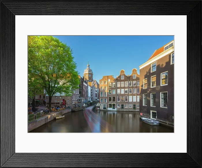 Framed Print : Boat trail on Oudezijds Voorburgwal canal and cupola of Basilica of Saint Nicholas in the background, Amsterdam, The Netherlands, Europe Framed Print : Boat trail on Oudezijds Voorburgwal canal and cupola of Basilica of Saint Nicholas in the background, Amsterdam, The Netherlands, Europe