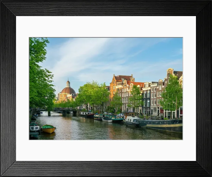 Framed Print : Houses by Singel canal and Renaissance dome of Koepelkerk Church in the background at sunset, Amsterdam, The Netherlands, Europe Framed Print : Houses by Singel canal and Renaissance dome of Koepelkerk Church in the background at sunset, Amsterdam, The Netherlands, Europe
