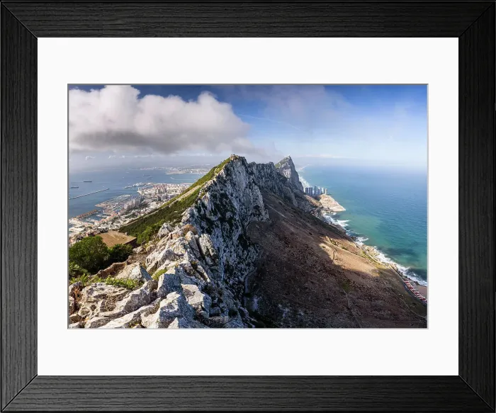 Framed Print : Impressive panoramic view over the Rock of Gibraltar and the peninsula, looking over the white cliffs onto the Mediterranean Sea and mainland Spain, Gibraltar, Europe