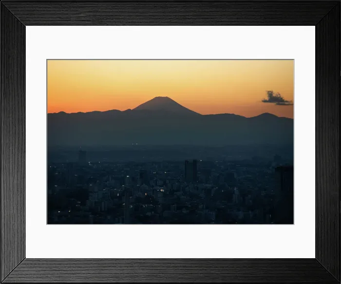 Framed Print : Orange sunset skyline of Tokyo with the silhouette of snowy Fuji San Mountain, Tokyo, Honshu, Japan, Asia Framed Print : Orange sunset skyline of Tokyo with the silhouette of snowy Fuji San Mountain, Tokyo, Honshu, Japan, Asia
