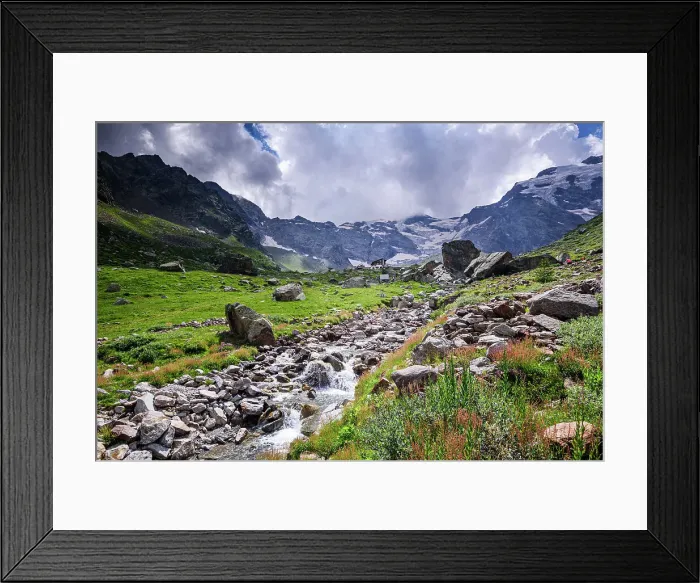 Framed Print : Mountain creek, rocks and meadows, Monte Rosa, Dufourspitze, Italian Alps, Italy, Europe Framed Print : Mountain creek, rocks and meadows, Monte Rosa, Dufourspitze, Italian Alps, Italy, Europe