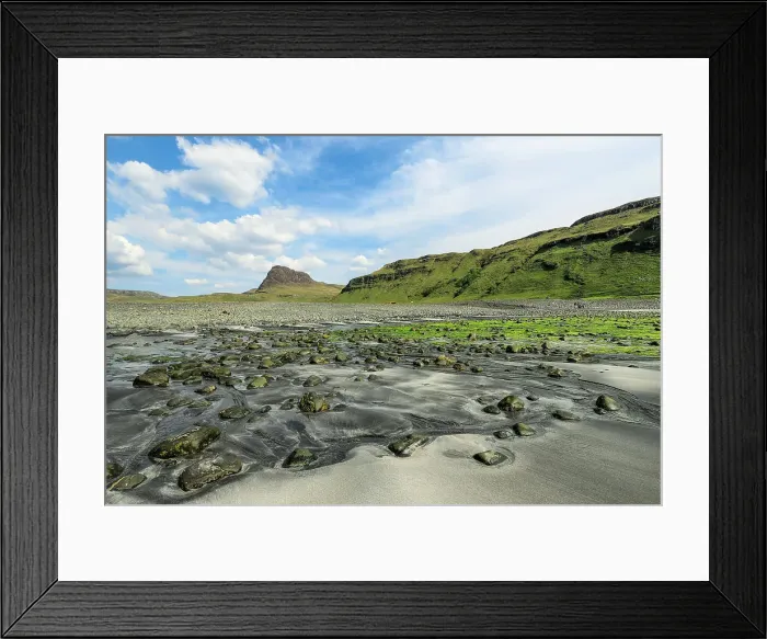 Framed Print : The white and black sand beach and estuary at Talisker with Preshal More beyond, both SSSI locations for the Tertiary basalt lava geology and biological habitats, Talisker Bay, Carbost, Skye, Inner Hebrides, Scotland, United Kingdom, Europe Framed Print : The white and black sand beach and estuary at Talisker with Preshal More beyond, both SSSI locations for the Tertiary basalt lava geology and biological habitats, Talisker Bay, Carbost, Skye, Inner Hebrides, Scotland, United Kingdom, Europe