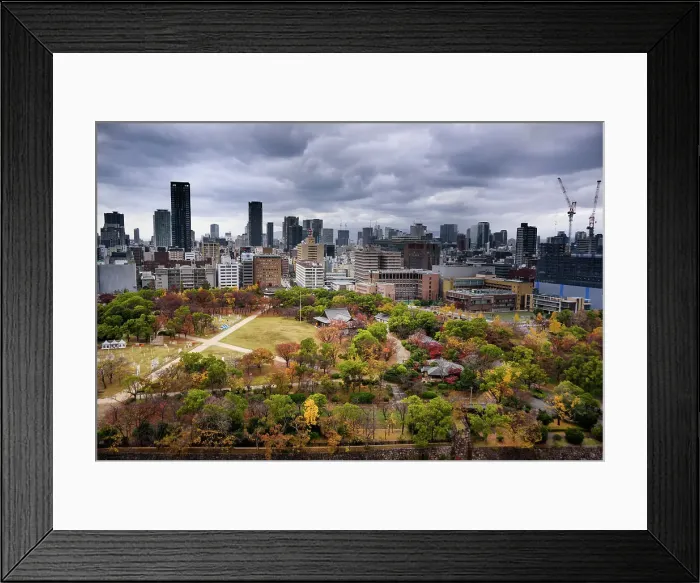Framed Print : Looking over the castle park onto the city skyline with dramatic sky in autumn, Osaka, Honshu, Japan, Asia Framed Print : Looking over the castle park onto the city skyline with dramatic sky in autumn, Osaka, Honshu, Japan, Asia
