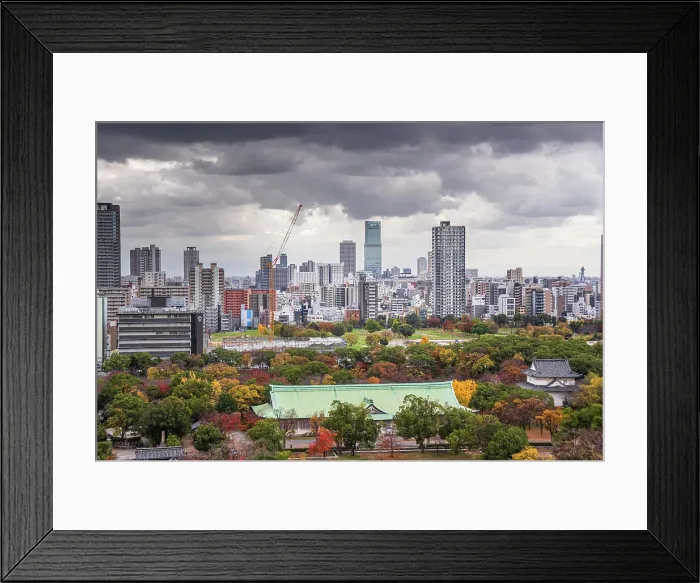 Framed Print : View from Osaka Castle over Nishinomaru Garden and skyline in the background, Osaka, Honshu, Japan, Asia Framed Print : View from Osaka Castle over Nishinomaru Garden and skyline in the background, Osaka, Honshu, Japan, Asia