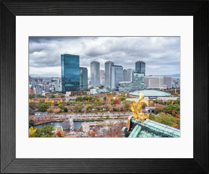 Framed Print : View from the top floor of Osaka Castle with the park and business city sector and a golden fish roof detail, Osaka, Honshu, Japan, Asia Framed Print : View from the top floor of Osaka Castle with the park and business city sector and a golden fish roof detail, Osaka, Honshu, Japan, Asia