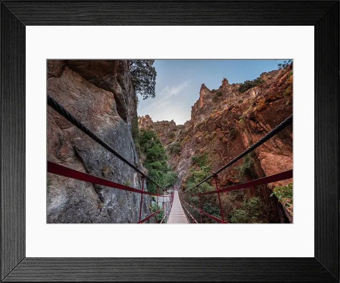 Framed Print : Pedestrian suspension bridge leading through the gorge of Los Cahorros Monachil, Monachil, Sierra Nevada, Granada, Andalusia, Spain, Europe Framed Print : Pedestrian suspension bridge leading through the gorge of Los Cahorros Monachil, Monachil, Sierra Nevada, Granada, Andalusia, Spain, Europe