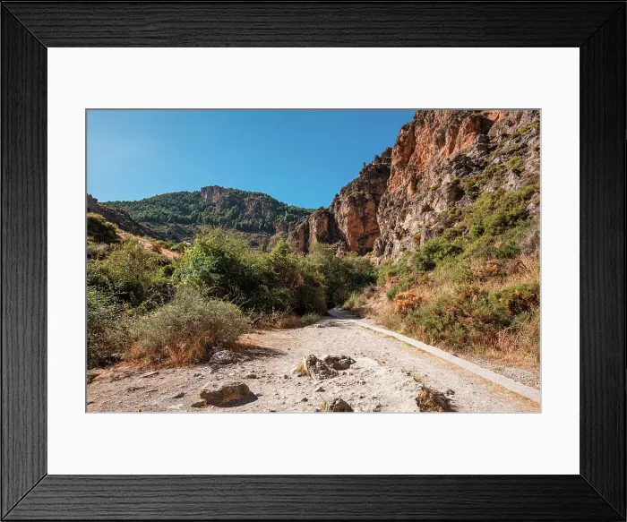 Framed Print : Hiking trail in the arid gorge canyon landscape of Los Cahorros Monachil, Monachil, Sierra Nevada, Granada, Andalusia, Spain, Europe Framed Print : Hiking trail in the arid gorge canyon landscape of Los Cahorros Monachil, Monachil, Sierra Nevada, Granada, Andalusia, Spain, Europe