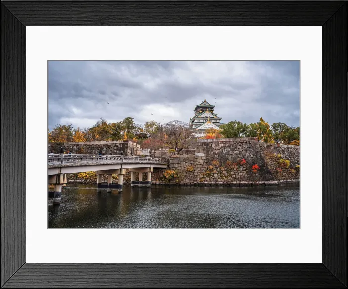 Framed Print : Beautiful Osaka Castle moat in autumn (fall) with bridge leading over the waters towards the Samurai Castle, Osaka, Honshu, Japan, Asia Framed Print : Beautiful Osaka Castle moat in autumn (fall) with bridge leading over the waters towards the Samurai Castle, Osaka, Honshu, Japan, Asia