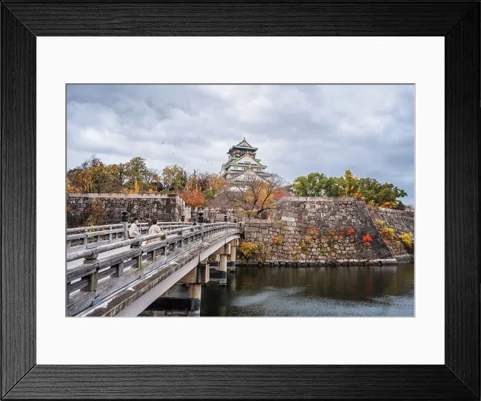 Framed Print : Beautiful Osaka Castle moat in autumn (fall) with bridge leading over the waters towards the Samurai Castle, Osaka, Honshu, Japan, Asia Framed Print : Beautiful Osaka Castle moat in autumn (fall) with bridge leading over the waters towards the Samurai Castle, Osaka, Honshu, Japan, Asia