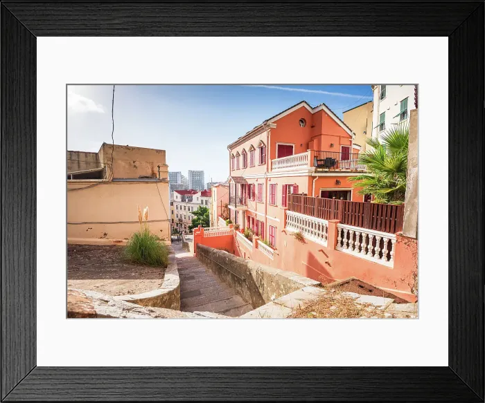 Framed Print : Gibraltar Castle Steps, beautiful residential area on the hill of narrow alleys, Gibraltar, Europe Framed Print : Gibraltar Castle Steps, beautiful residential area on the hill of narrow alleys, Gibraltar, Europe