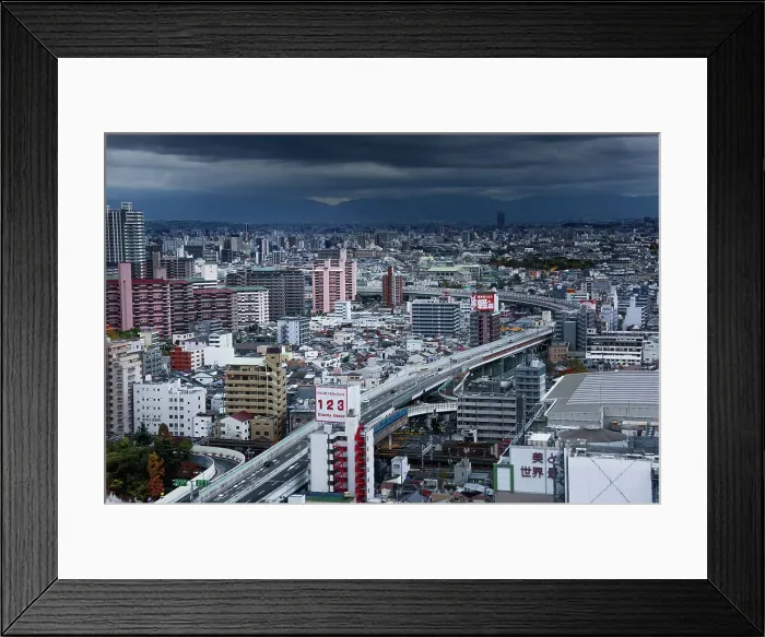 Framed Print : View from Tsutenkaku Tower in the Shinsekai area, of city skyline, Osaka, Honshu, Japan, Asia