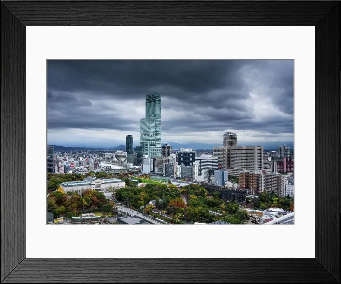 Framed Print : View of the city skyline with a dramatic sky, looking at Harukas 300 Observatory and Park of the Castle, Osaka, Honshu, Japan, Asia Framed Print : View of the city skyline with a dramatic sky, looking at Harukas 300 Observatory and Park of the Castle, Osaka, Honshu, Japan, Asia