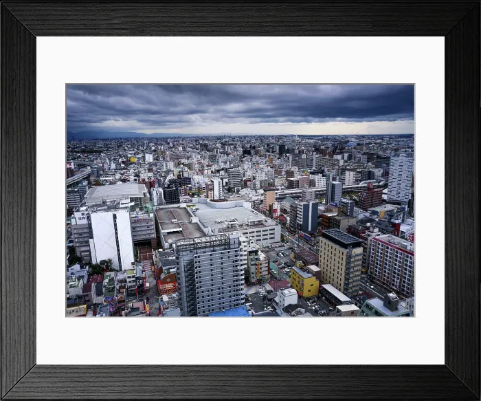 Framed Print : View from Tsutenkaku Tower in the Shinsekai area, of city skyline and dramatic sky, Osaka, Honshu, Japan, Asia Framed Print : View from Tsutenkaku Tower in the Shinsekai area, of city skyline and dramatic sky, Osaka, Honshu, Japan, Asia