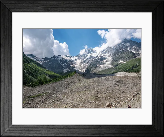 Framed Print : Hiking trail in alpine landscape facing Monte Rosa with moraine landscape, Italian Alps, Italy, Europe Framed Print : Hiking trail in alpine landscape facing Monte Rosa with moraine landscape, Italian Alps, Italy, Europe